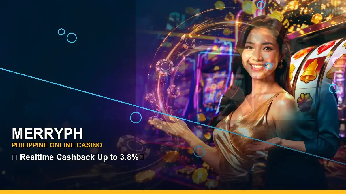 MERRYPH online slot game selection presented with an adult Filipina host in a polished side-framed layout